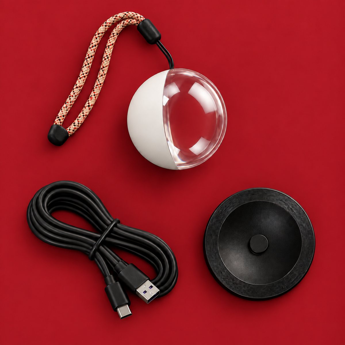 White orb kit with strap, stand and USB-C cable