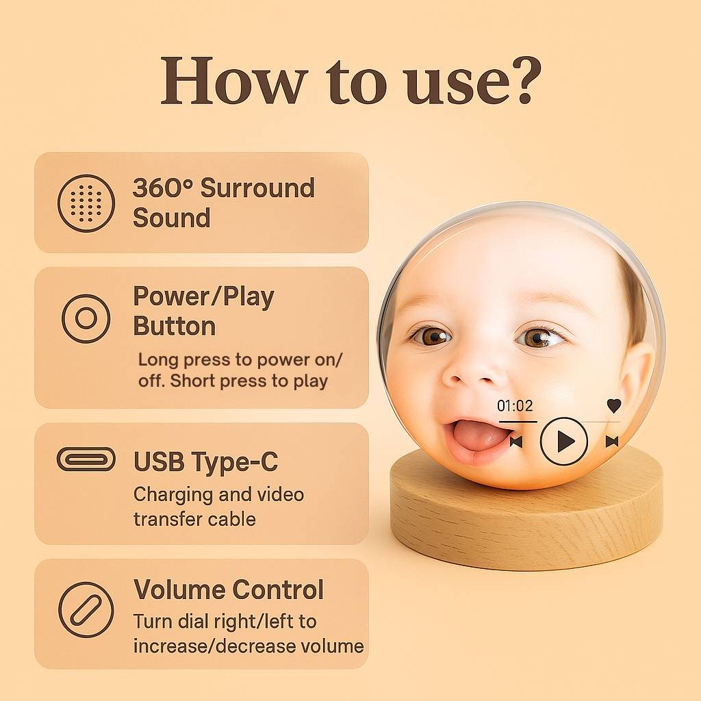 Orb controls: power, play, USB-C, volume