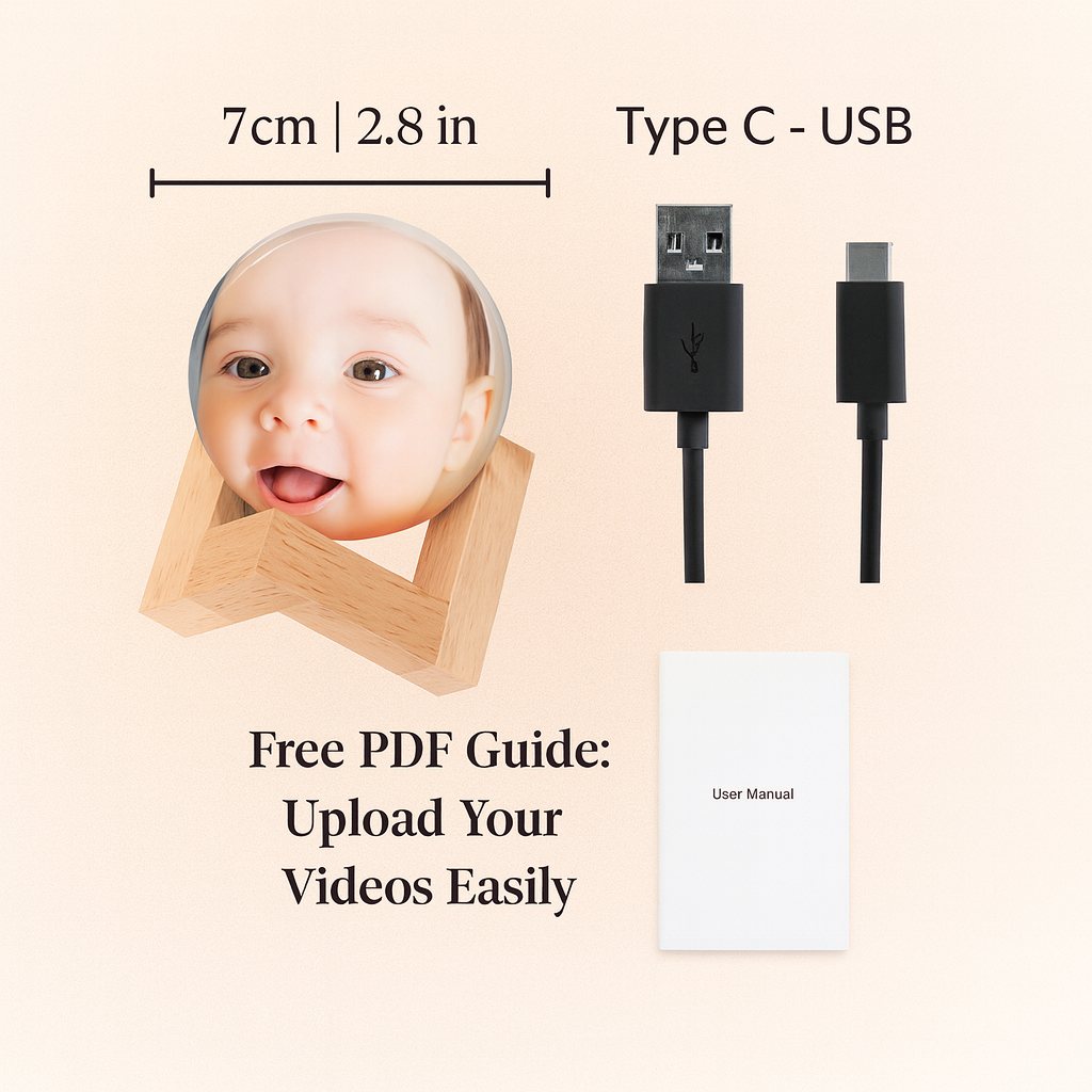 About 7 cm across, USB-C cable and printed guide
